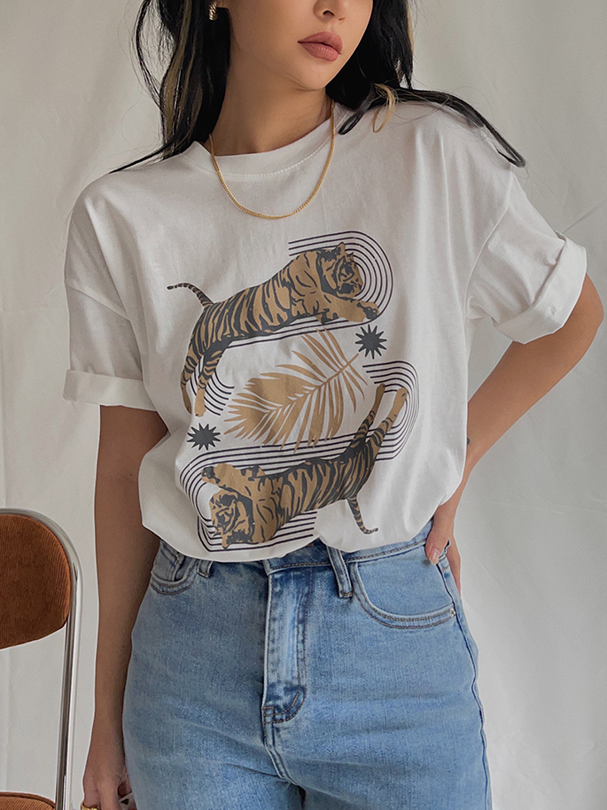 Double Tiger Leaf Print T-shirt White Short Sleeve Loose Top