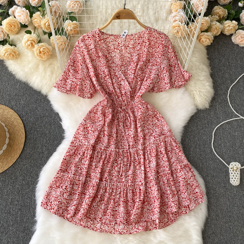Printed V-neck Floral Short Dress