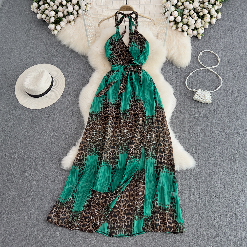 Leopard Print Sling Dress Sexy Haltered Backless Sleeveless A-line Dress