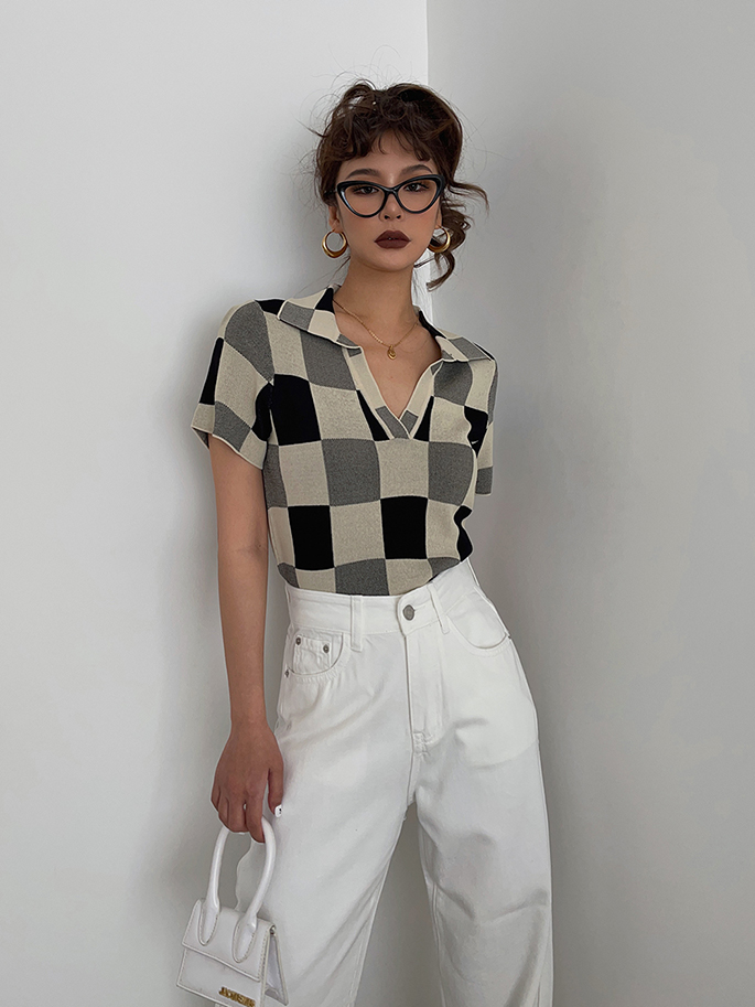 Sweet Cropped Polo Collar Plaid Knit Casual Crop Top