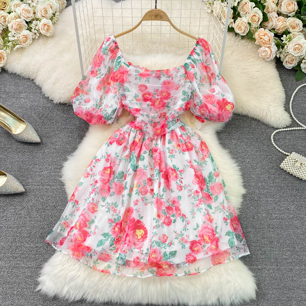 French Pleated Square Neck Puff Short Sleeve Floral Dress