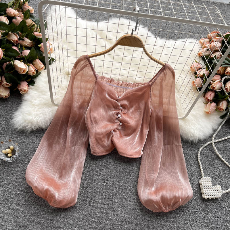 Cropped Top Pleated V-neck Puff Sleeves Streamer Chiffon Shirt