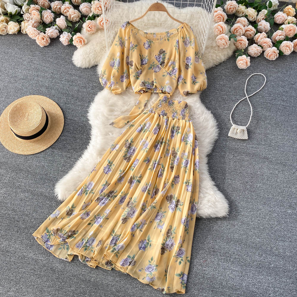 Ins Suit Puff Sleeve Short Top Pleated Skirt Floral Two-piece Set