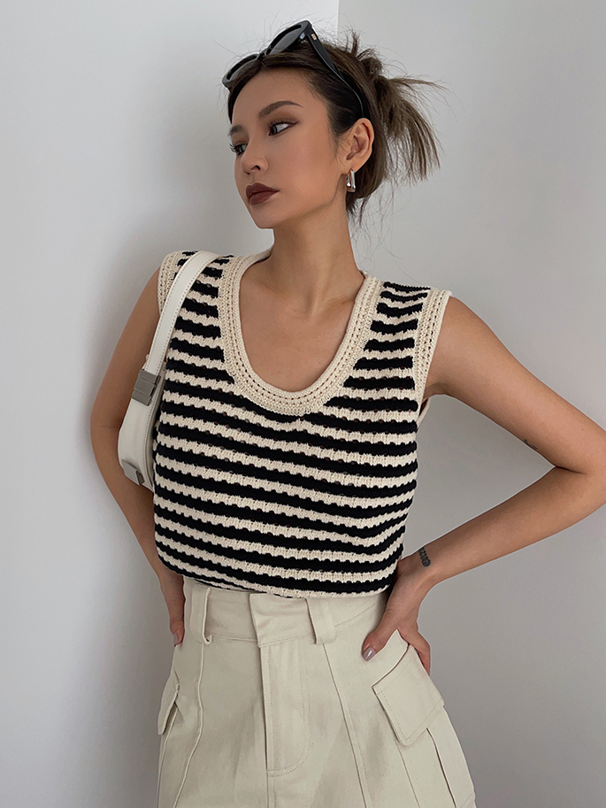 Black And White Striped Open Knit Tank Top Sling Sleeveless Vest