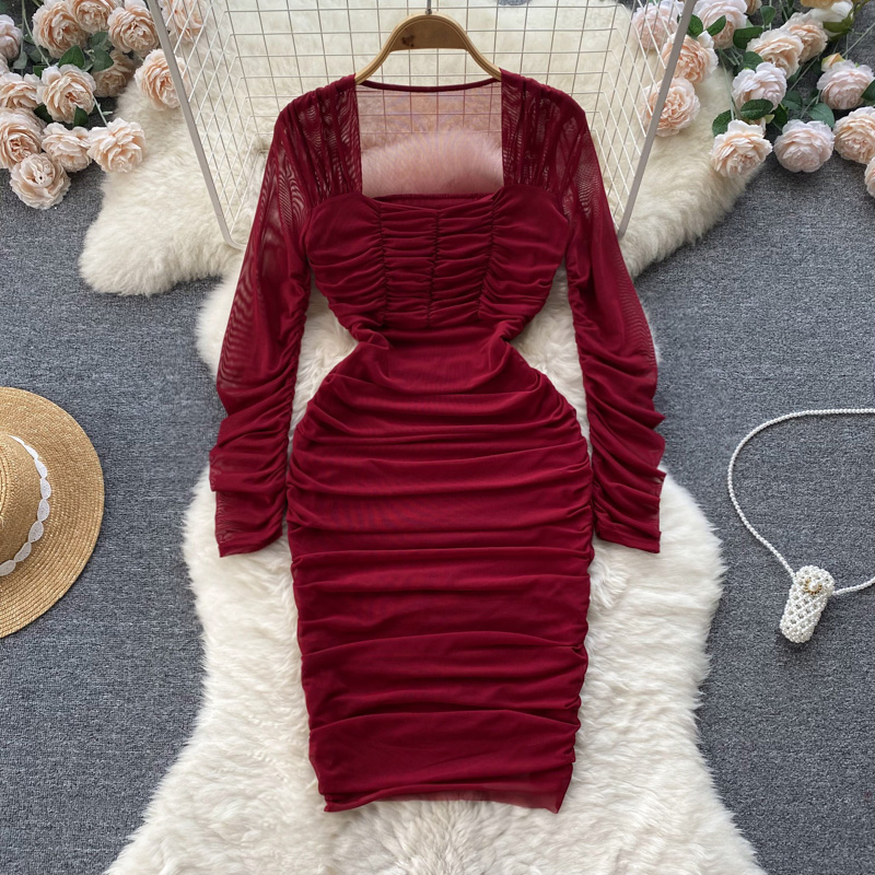 Square Neck Pleated Long Sleeve Bodycon Dress