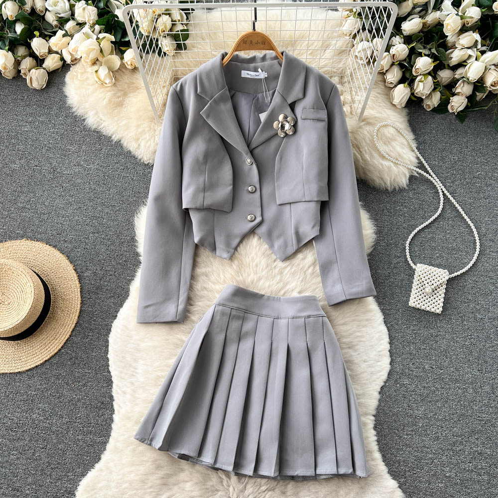Preppy Two Piece Suit Long Sleeve Short Suit Jacket High Waist Pleated Skirt