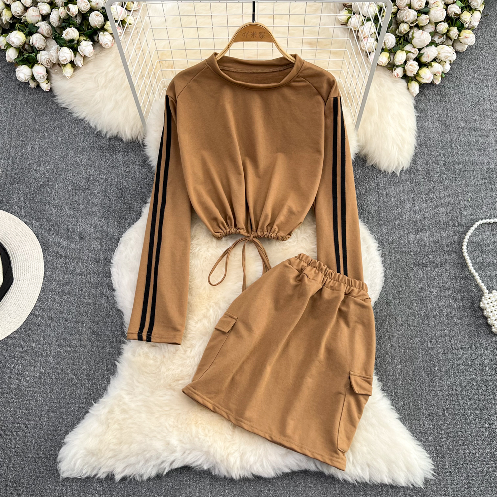 Fashion Sports Suit Lazy Wind Round Neck Short Drawstring Long Sleeve Sweater Two Piece High Waist Pack Hip Skirt