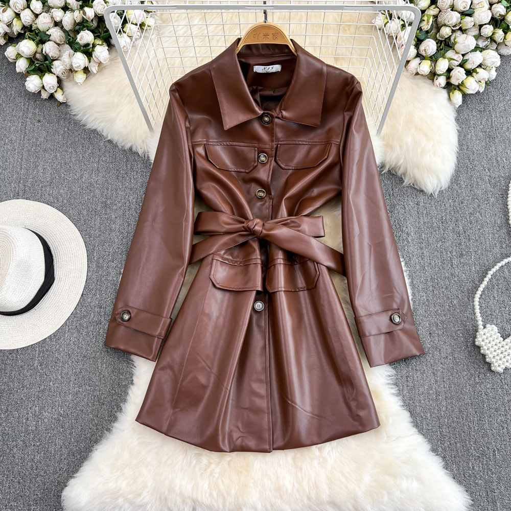 New motorcycle mid-length loose waist pu leather jacket women's leather dress