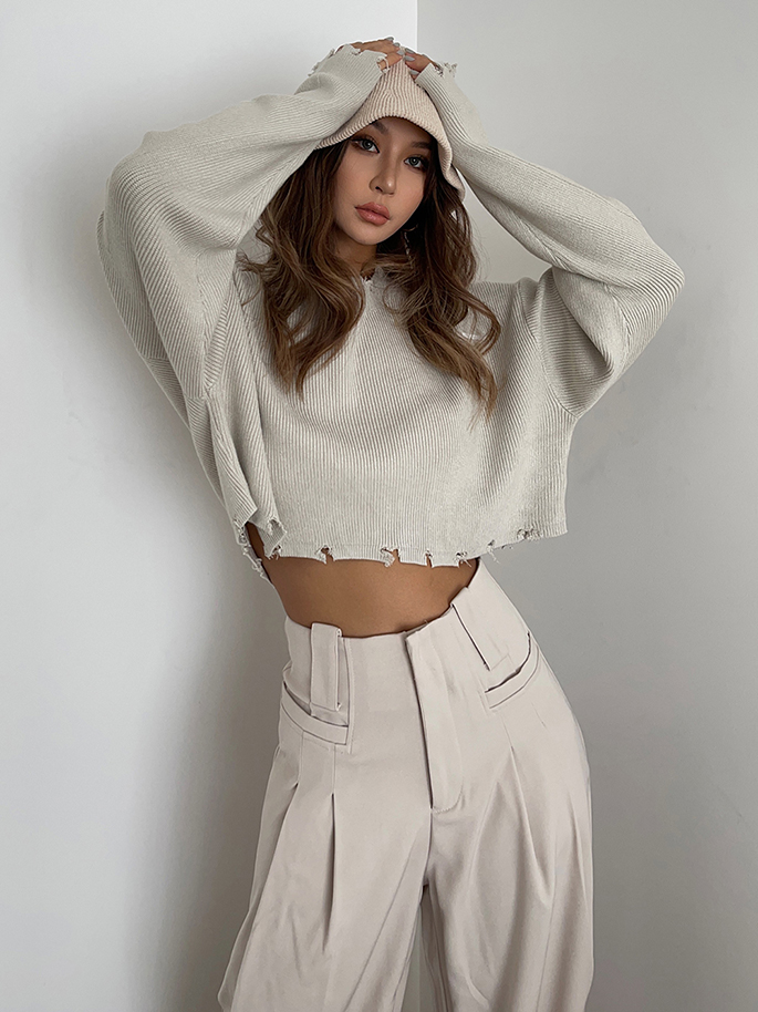 Vintage Ripped High-waisted Knit Sweater Spice Cropped Top