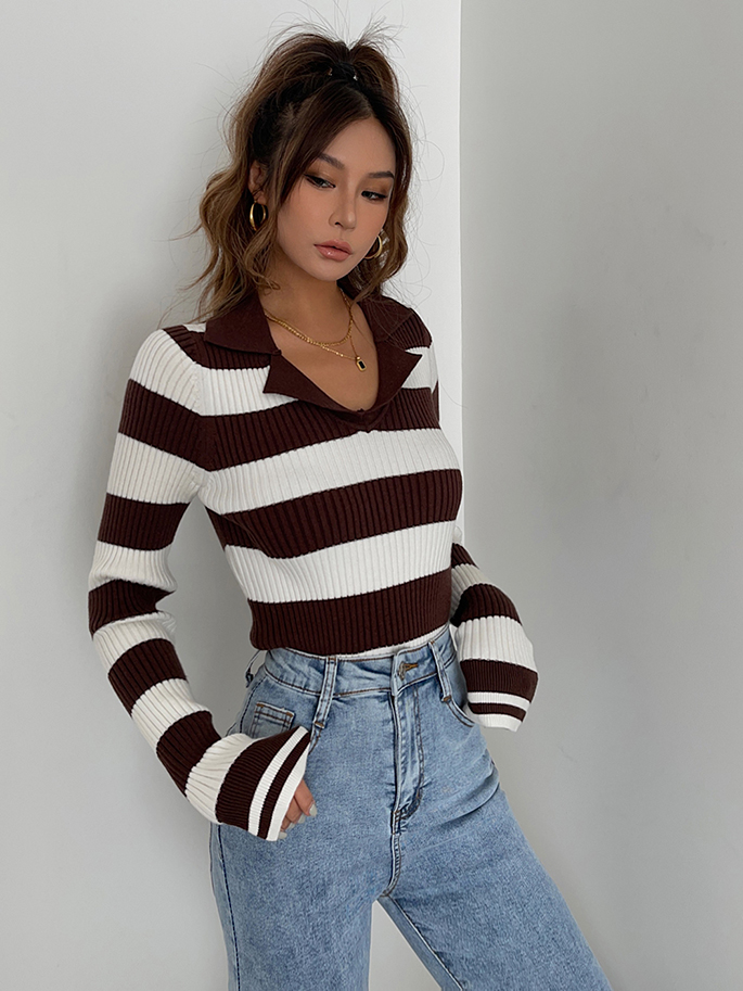 Sexy Stripe Long Sleeve Knitwear Deep V Autumn Outwear Top