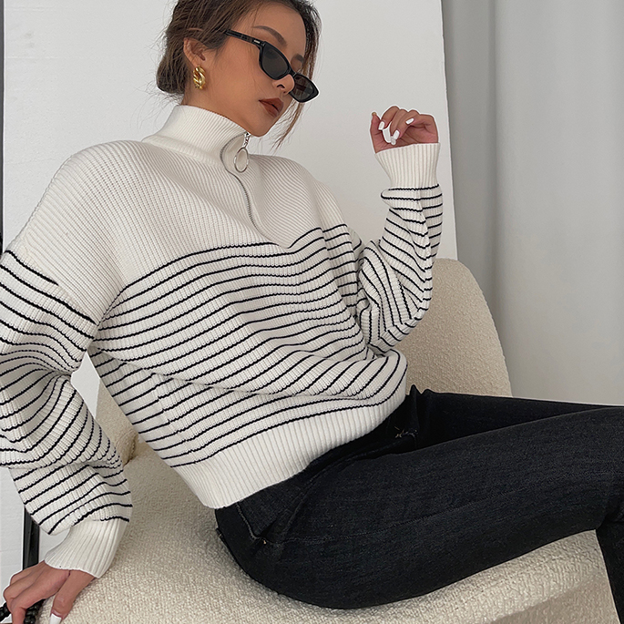 Ins Black And White Pinstripe Zipper Long Sleeve Knit Pullover Sweaters