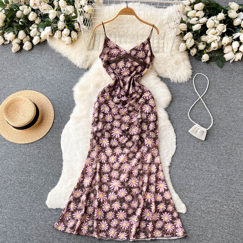 Sweet Floral Suspender Dress Female Summer French Retro Package Hip Sexy Fairy Dress Fishtail Dress