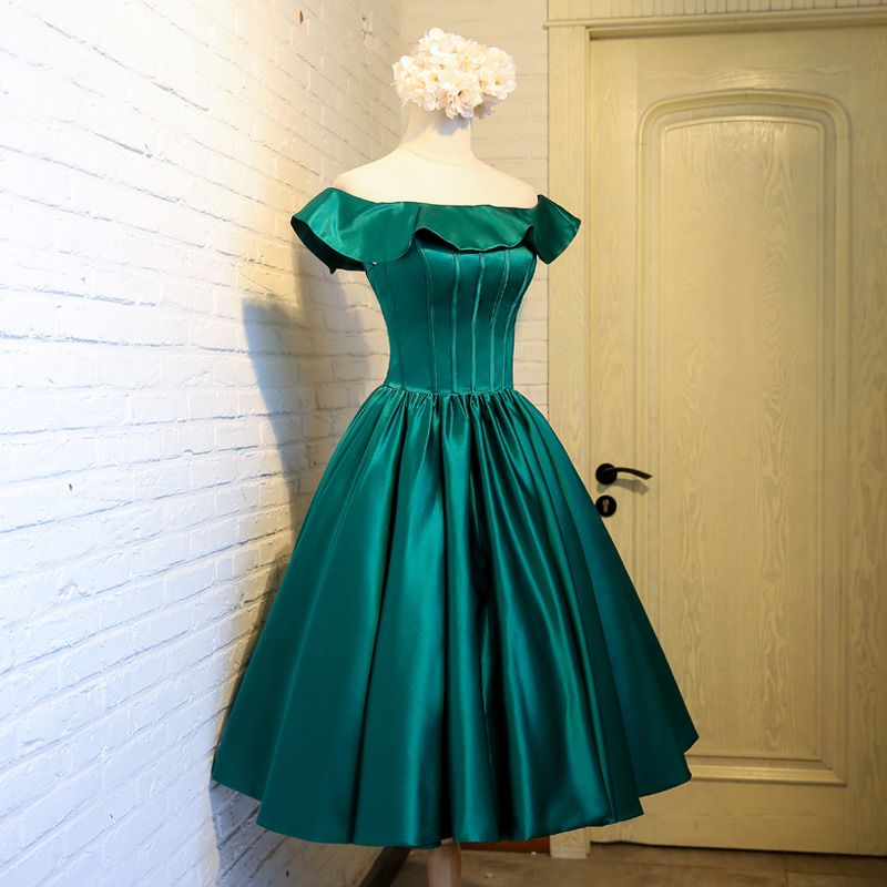 Fancy Emerald Green Off Shoulder Satin Homecoming Dress,a Line Short Prom Dress,cocktail Dress