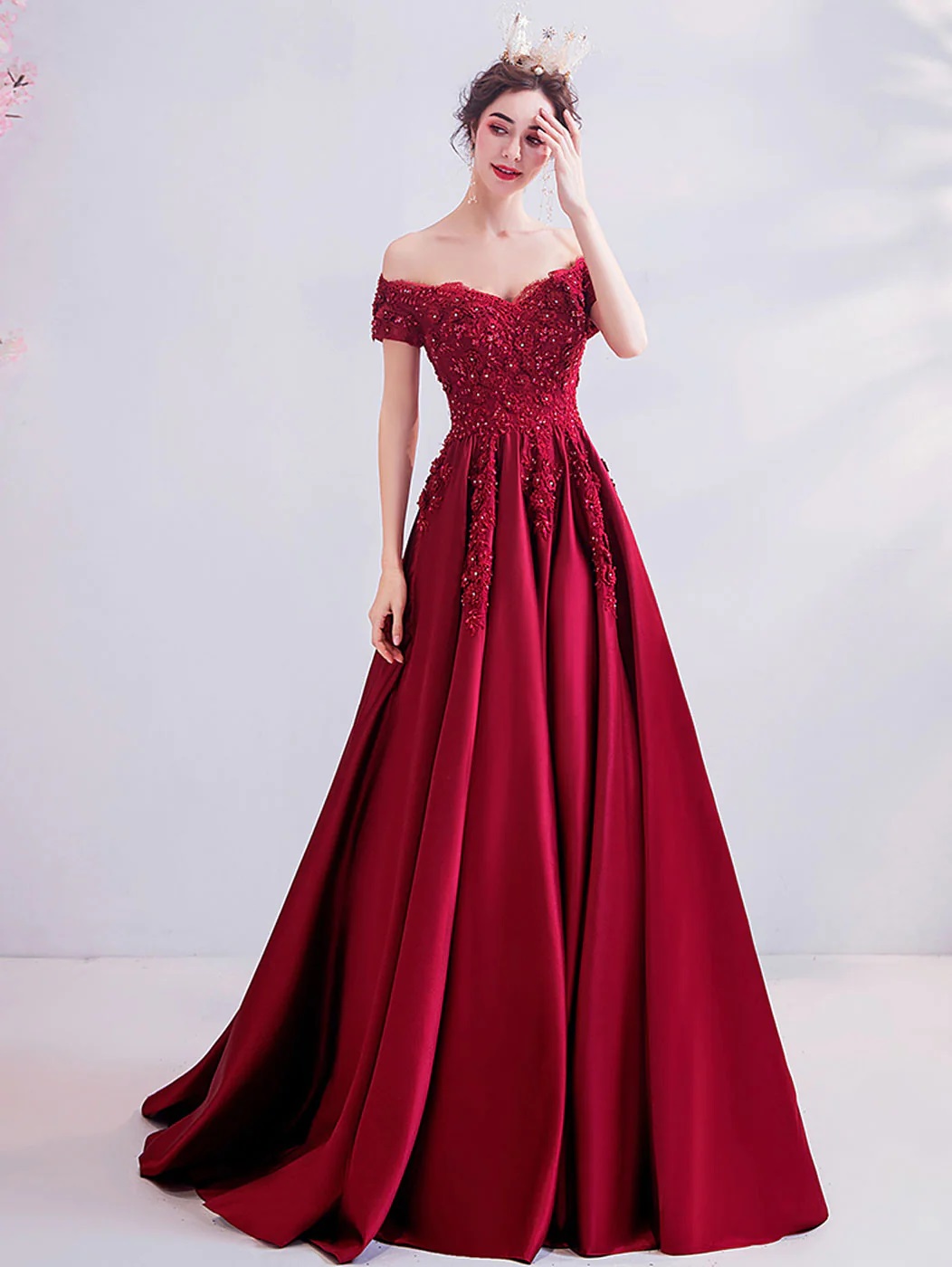 Burgundy A-line Applique Lace Long Prom Dresses, Burgundy Evening Dresses