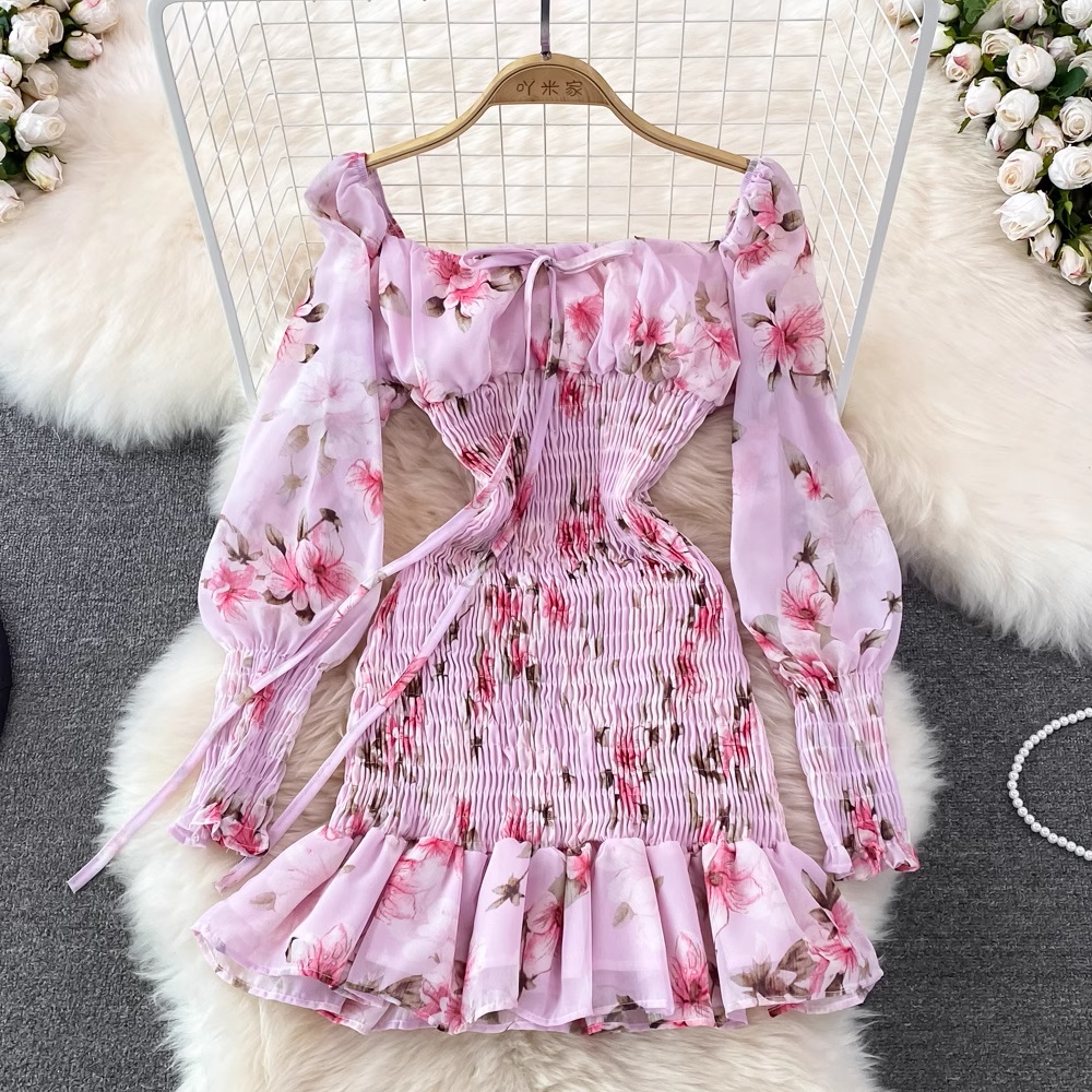 Long Sleeve Square Collar Pleated Chiffon Floral Ruffled Hip Wrap Dress