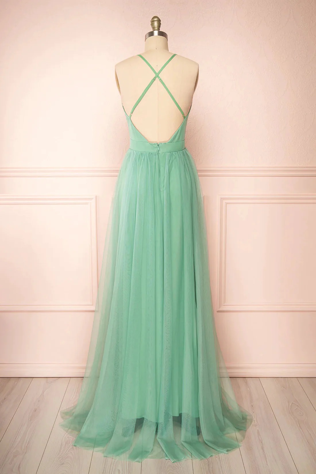 Long Tulle Dress with Convertible Back Design Sage
