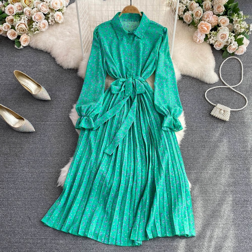 Impressive Green Floral Long Sleeve Maxi Dress