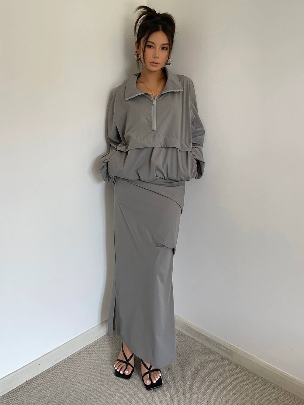 Women's Two Piece Outfits Loose Gray Zip-up Stand-up Collar Jacket And High-waisted Skirt Sets
