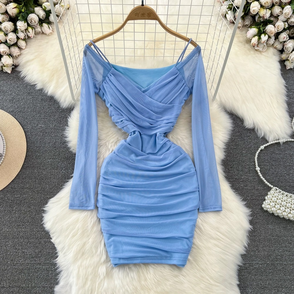 Sexy Long Sleeve V-neck Pleated Mesh Halter Off-the-shoulder Bodycon Dress