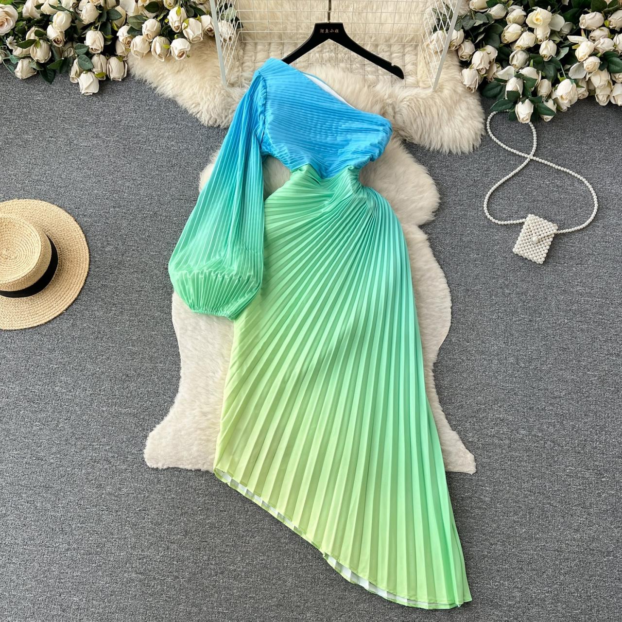 Gradient Off-shoulder Lantern Long Sleeve Waist Shrink Slimming Irregular Pleated Maxi Dress