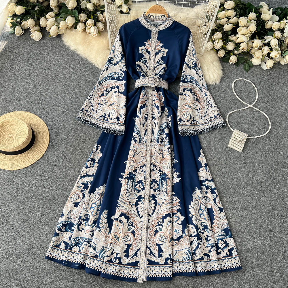 Casual Summer Boho Floral Print Dress Bell Sleeve High Waist Long ...