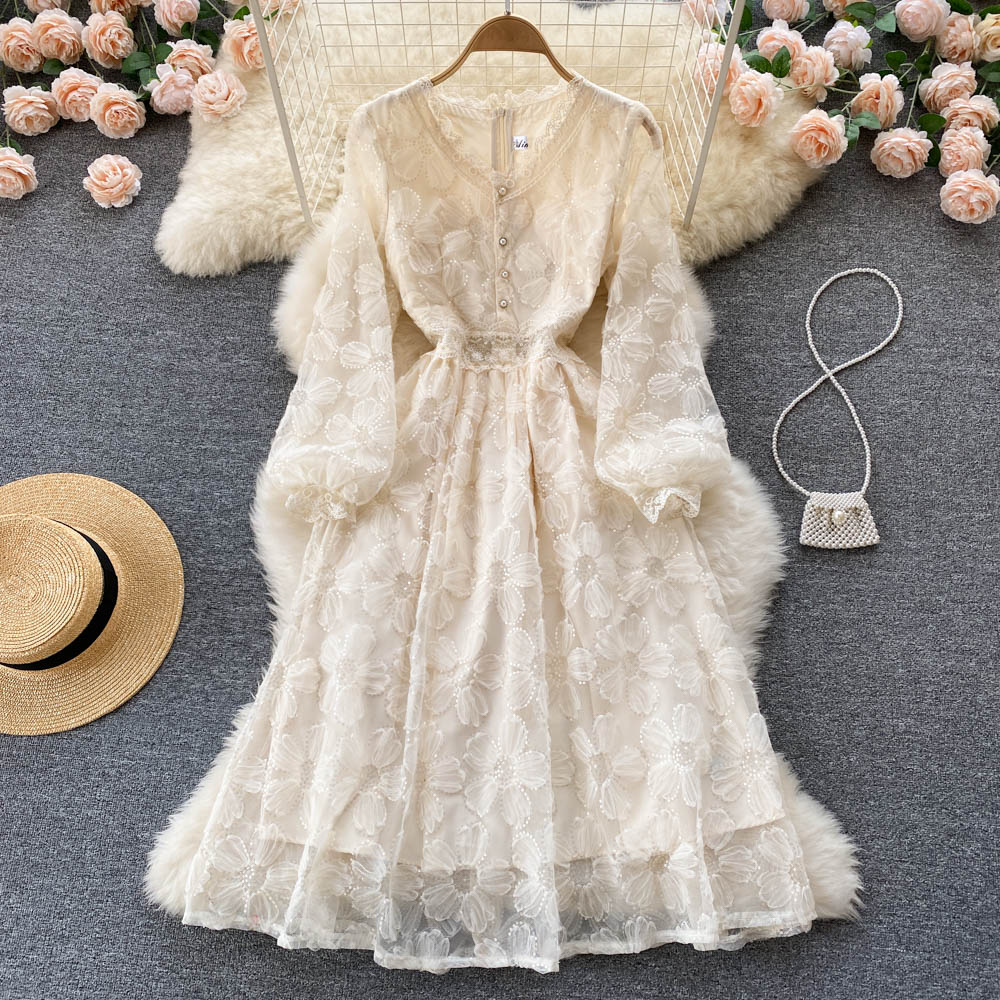 Elegant Floral Lace Sheer Long Sleeve Smocked Dress Long Maxi Dresses