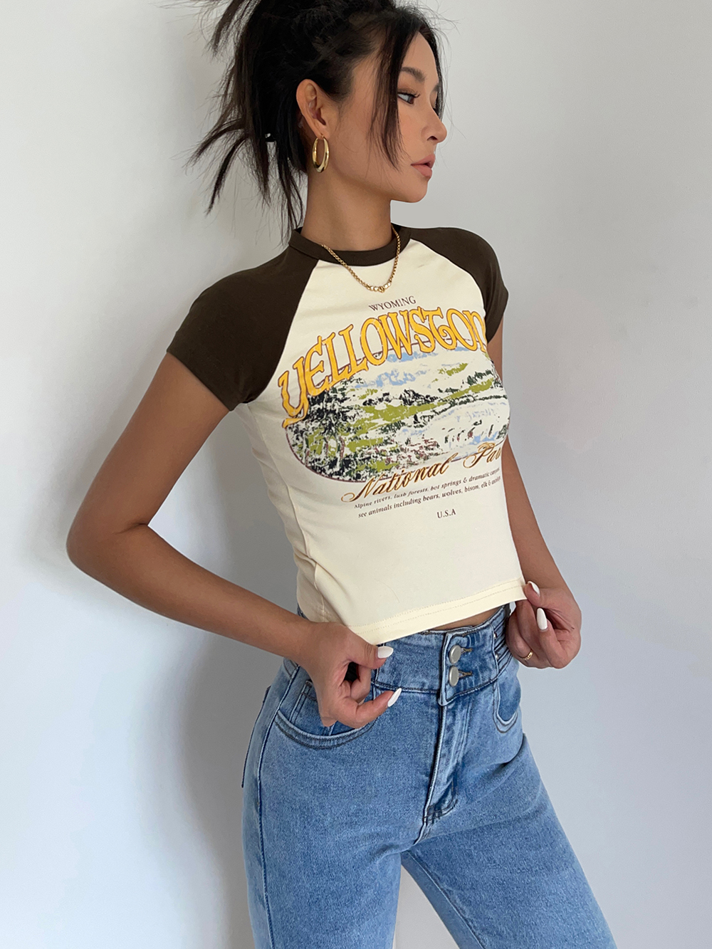 Printed Stitching Crop Top Short Sleeve Sexy Cute T-shirts Tee Crop Top