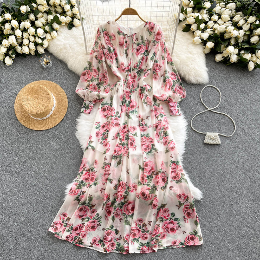 Long Sleeve Vintage Flowy Dress Floral Print Maxi Dresses