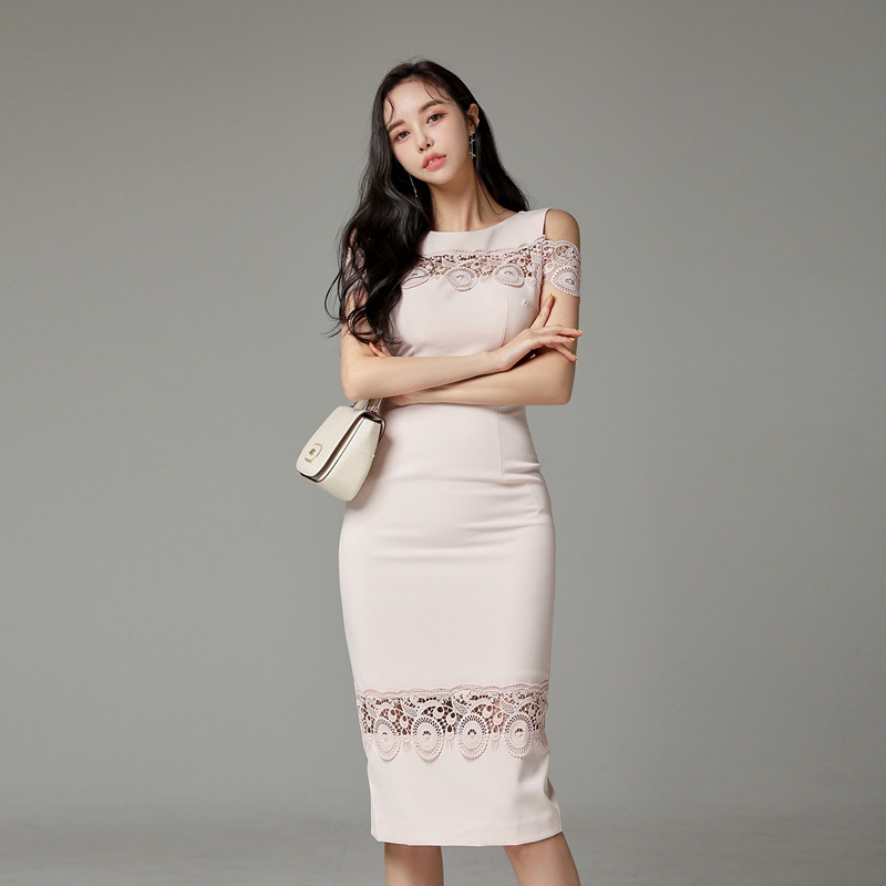 Sweet Pink Short Sleeves Lace Cocktail Wedding Guest Bodycon Pencil Dress