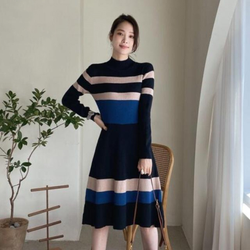 Turtleneck Ribbed Long Sleeve Knit Striped Sweater Dress