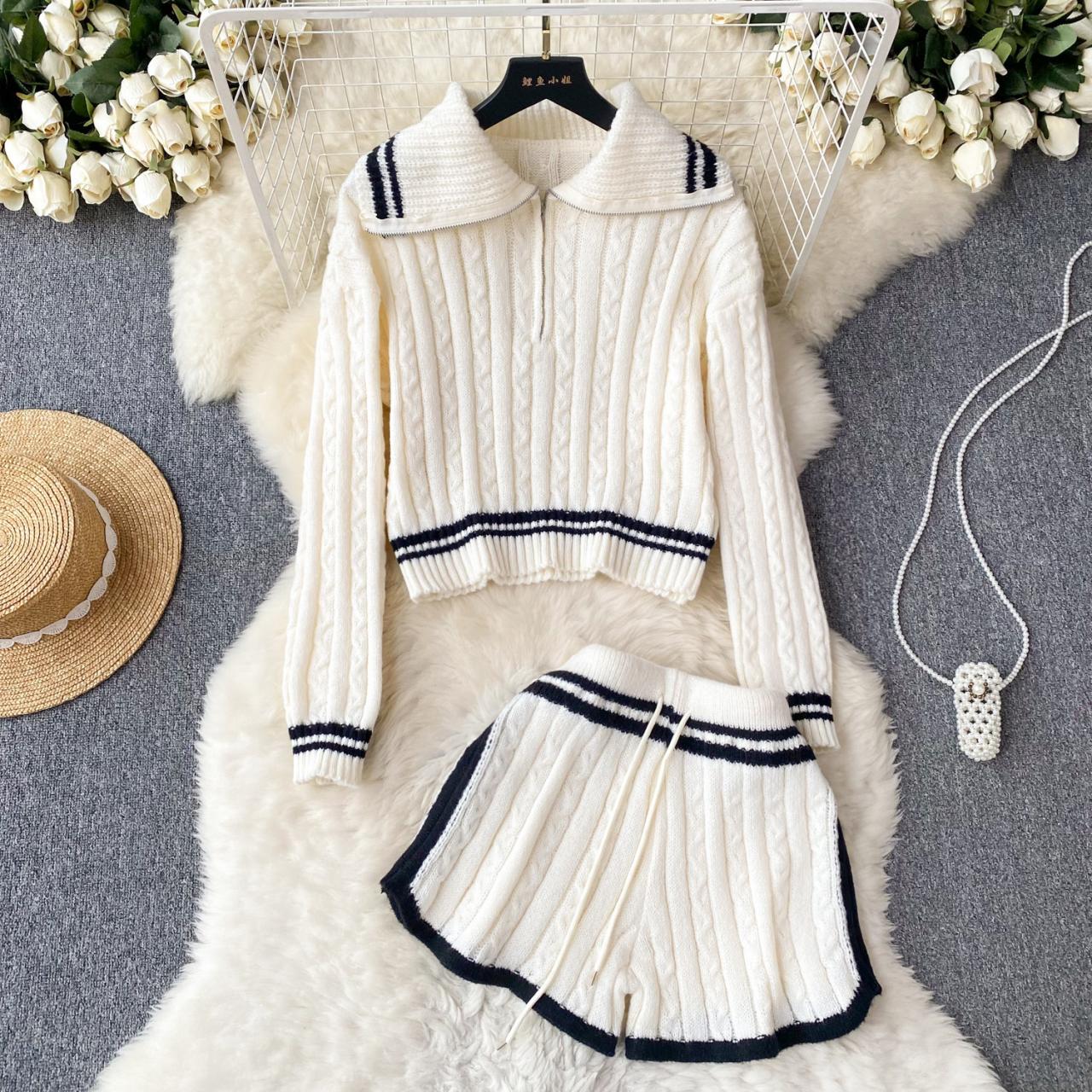 2 Piece Outfits Striped Knitted Pullover Sweater Tops Shorts Set