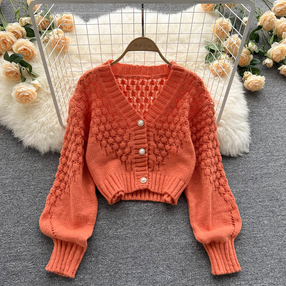 Cropped Cardigan Sweaters For Women Long Sleeve Crochet Knit Shrug Open Front V-neck Button Up Tops