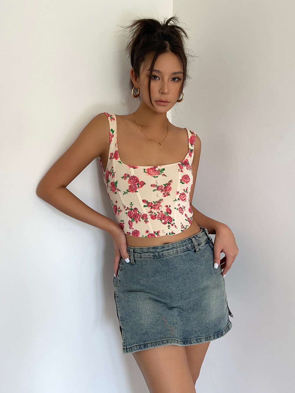 Floral Camisole Tank Top Sexy Short Slim High Waist Top