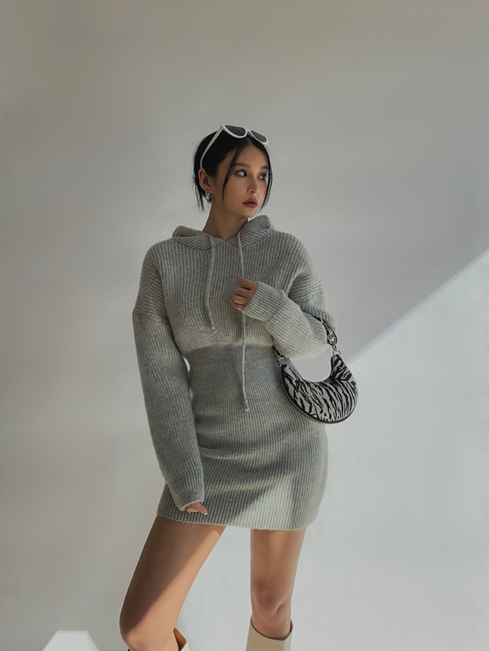 Winter Rib Knit Pullover Sweater Fashion Fall Dresses Long Sleeve Hooded Bodycon Dress