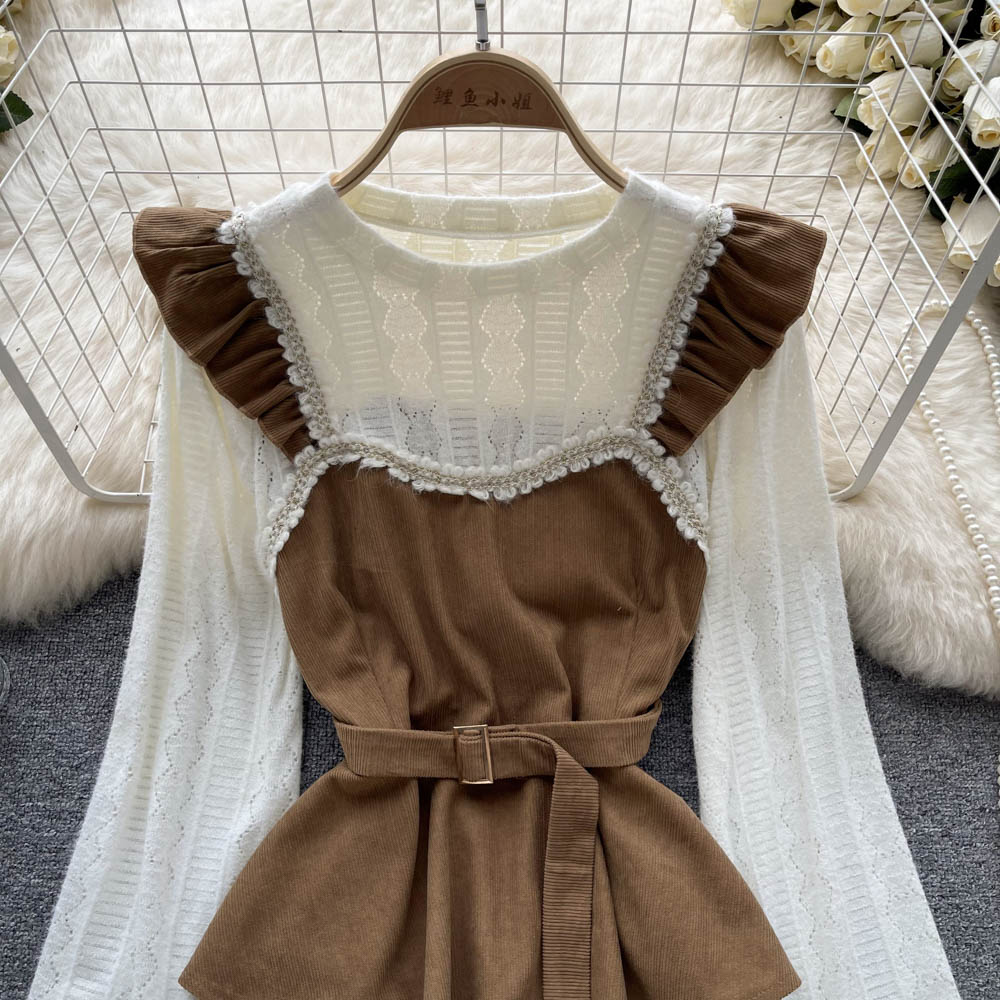 Patchwork Lace Shirt Short Long Sleeve Ruffled Waist Sweet Shirt on Luulla