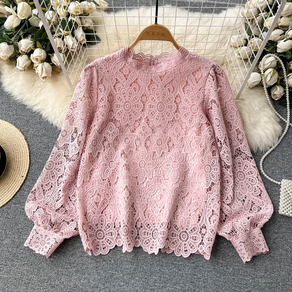 Lace Puff Sleeve Blouse Women's Gauze Hollowed-out Style Blouse