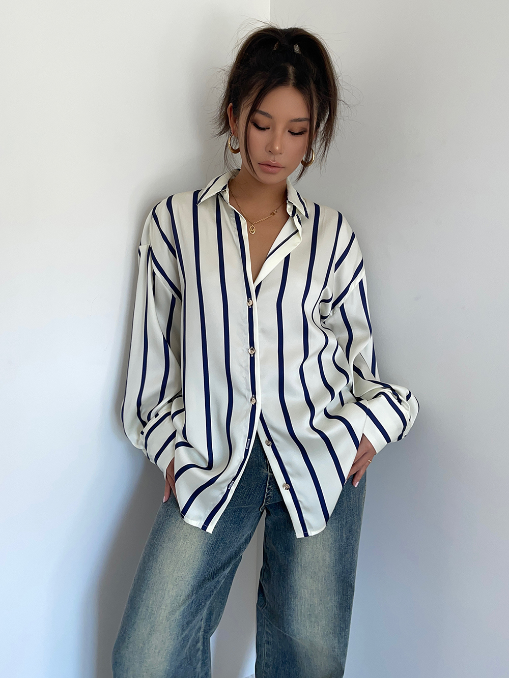Loose Casual Polo Neck Single Breasted Long Sleeve Striped Shirt Drapey Sun Protection Shirt