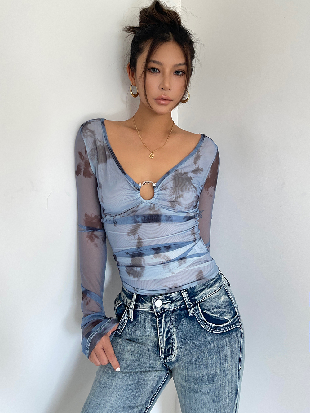 American Retro Spice Tie-dye Long Sleeve T-shirt V-neck Sexy Off-the-shoulder Mesh Tight Sunscreen Top
