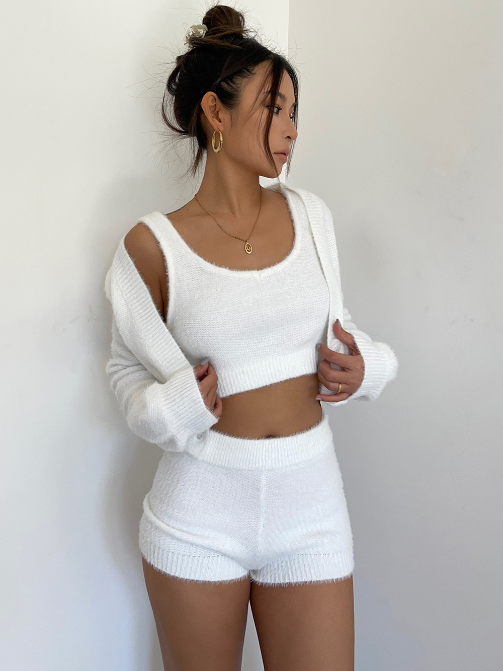 Three-piece Three-button V-neck Cardigan With A Camisole And High-waisted Shorts