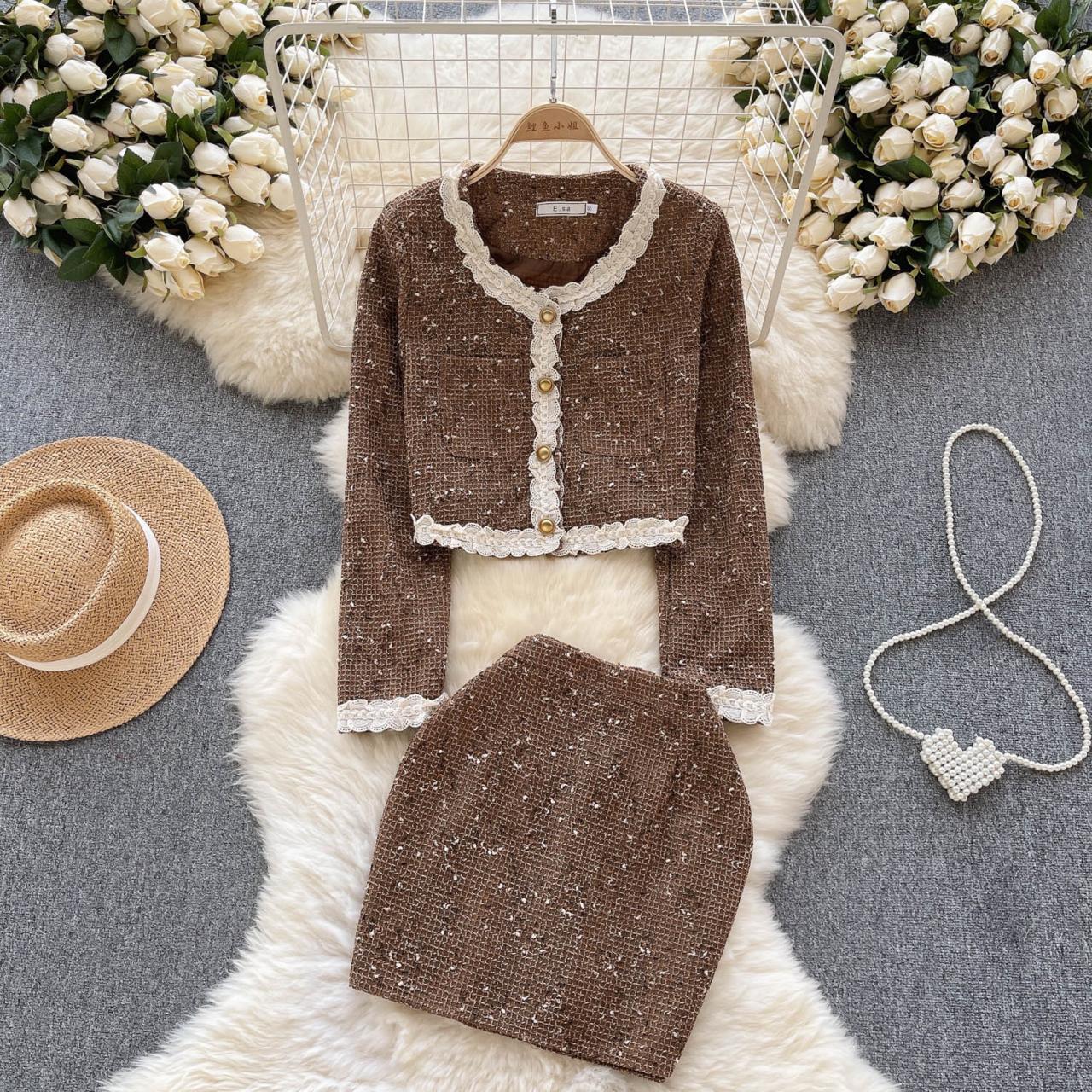 Vintage-inspired Brown Tweed Skirt Suit With Lace Trim Two Piece Set