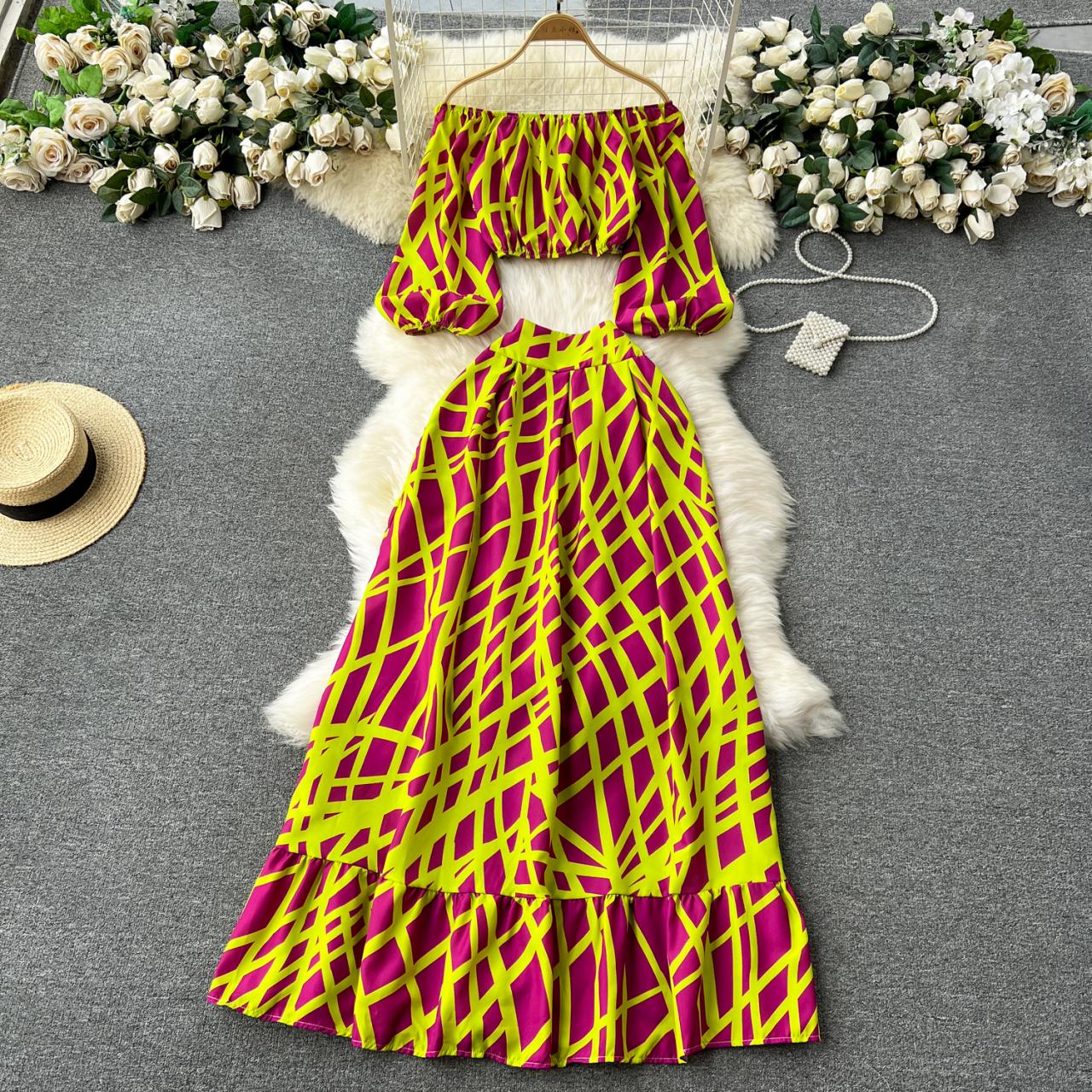 Printed Fashion Suit Puffed Sleeve Off Shoulder Short Top Mid-length Skirt Two-piece Set