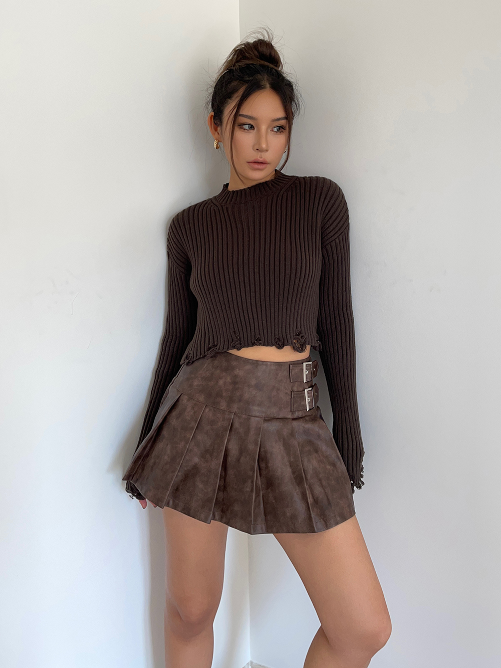 Maillard Coffee Color Leather Skirt Tie Dye Pu Skirt High Waist Pleated Skirt