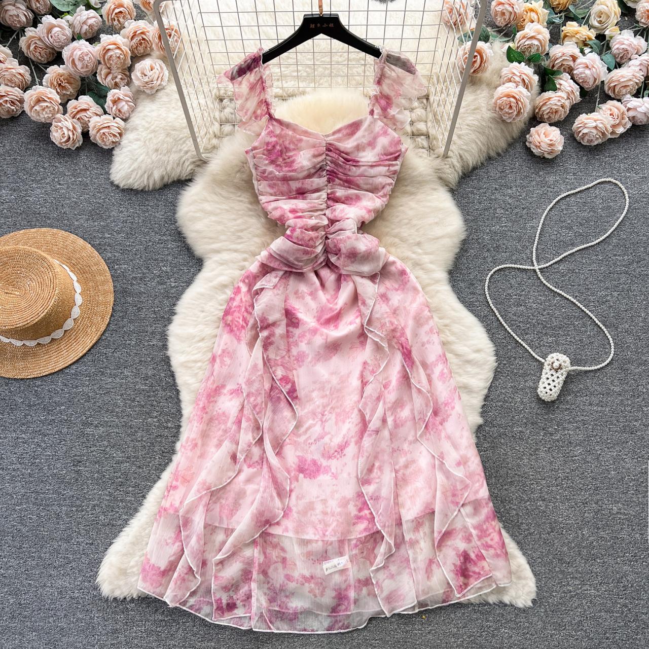 Vintage French Floral Fly-sleeve Ruffle Dress