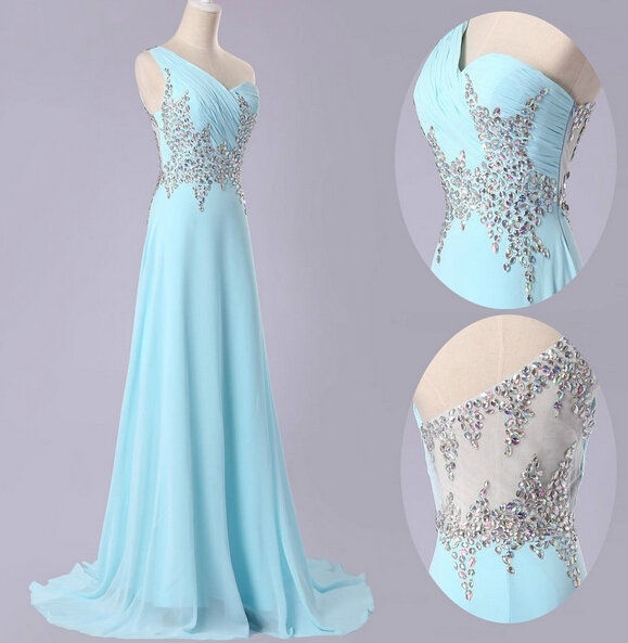 Light Blue Prom Dress,chiffon Long Evening Dress,one Shoulder Beading Prom Dress,elegant Party Gown