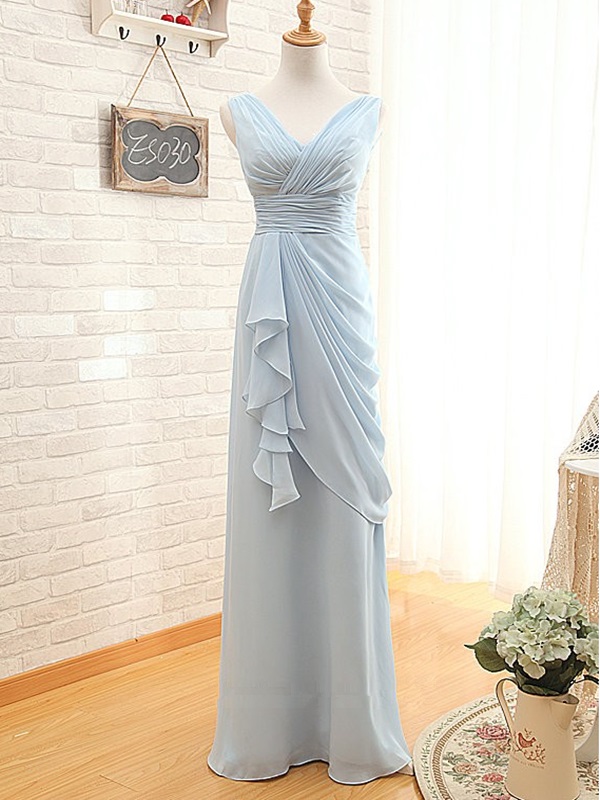 Light Blue Sleeveless V-neck Chiffon Ruched Floor-length Bridesmaid Dress, Prom Dress
