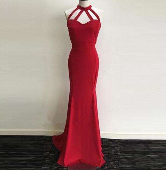 Red Halter Prom Dress,backless Sheath Evening Gown,prom Dress With Straps,long Evening Dress
