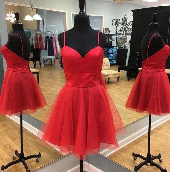 Sweetheart Red Cocktail Dress,short Party Dress With Spaghetti Straps,cute A Line Prom Dress
