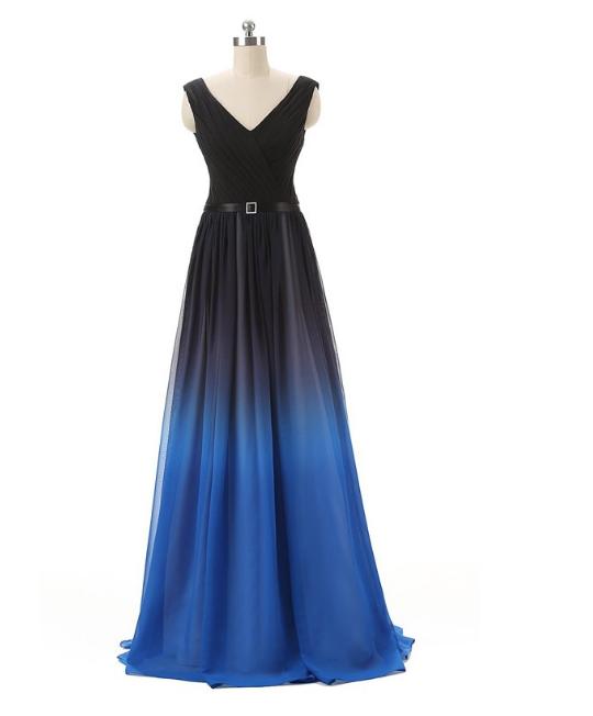 Gradient V Neck Prom Dress,a Line Long Evening Dress Chiffon Prom Dress,elegant Floor Length Evening Dress,lace Up Long Dress