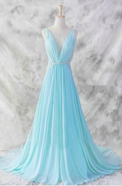 Charming Blue Chiffon Prom Dress,floor Length V-neckline Prom Gown,baby Blue Evening Dresses,blue Formal Dresses,formal Dresses