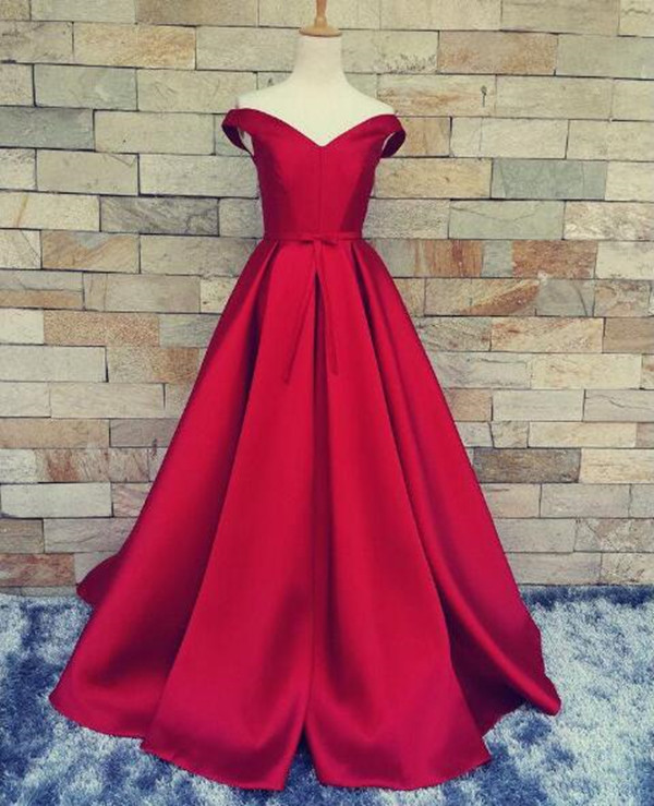 Off Shoulder Satin Prom Gowns, Fashion Red Evening Dresses,a Line Floor Length Wedding Gown